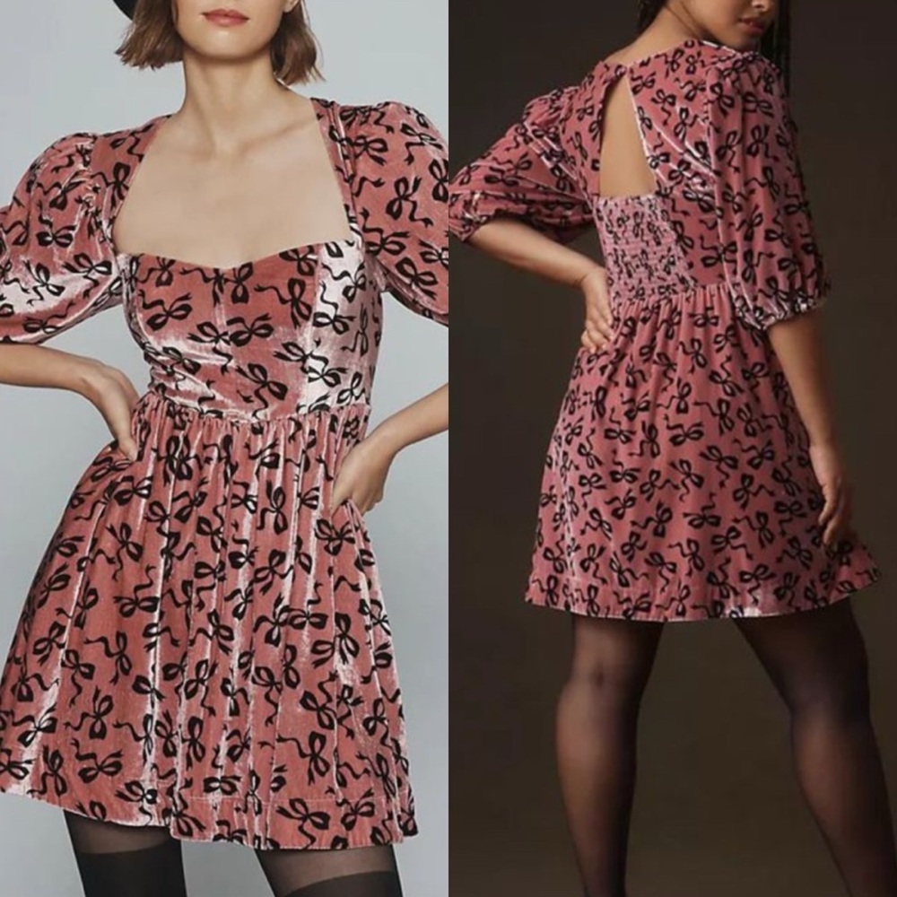 Anthropologie Pink Velvet Mini Dress with Black Bow Print